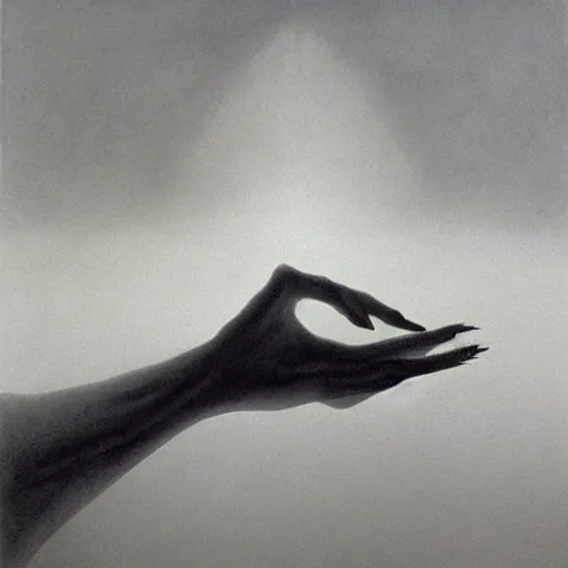 Image similar to hand and arm reaching out of thick fog, zdzislaw beksinski