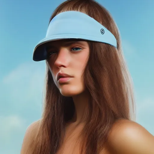 Prompt: photo of a gorgeous caucasian female with long brown hair with light blue ends in the style of stefan kostic, tank top, visor, realistic, cyberpunk, body shot, sharp focus, 8 k high definition, insanely detailed, intricate, elegant, art by stanley lau and artgerm, floating embers