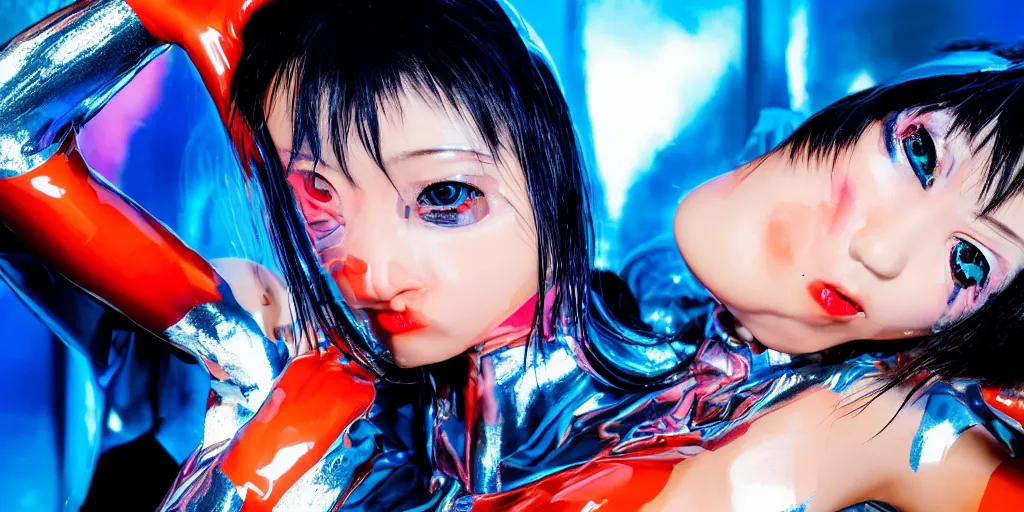Prompt: a close - up risograph long shot of cyberpunk japanese model girl with black eyes and pretty face wearing latex catsuit and lots of transparent and cellophane accessories, blue hour, twilight, cool, portrait, kodachrome, iso 1 2 0 0,