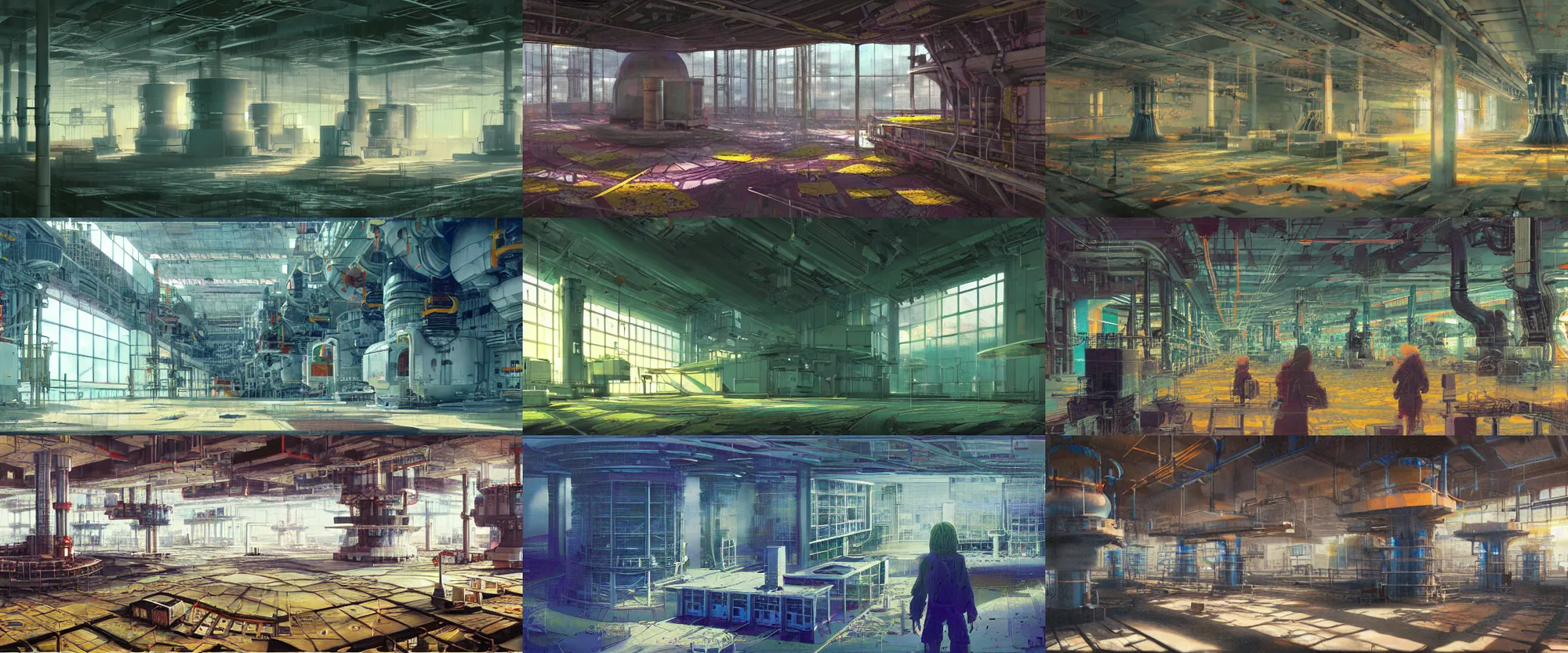 Prompt: Colorful, creepy landscape painting of detailed interior of giant scientific research facility LABO, area N, nuclear reactor, floor B2, anime key visual by Craig Mullins