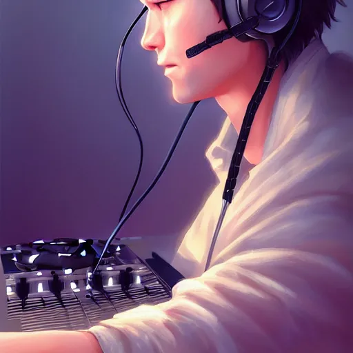 Image similar to Dj in headphone, by Stanley Artgerm Lau, WLOP, Rossdraws, James Jean, Andrei Riabovitchev, Marc Simonetti, Yoshitaka Amano, ArtStation, CGSociety,