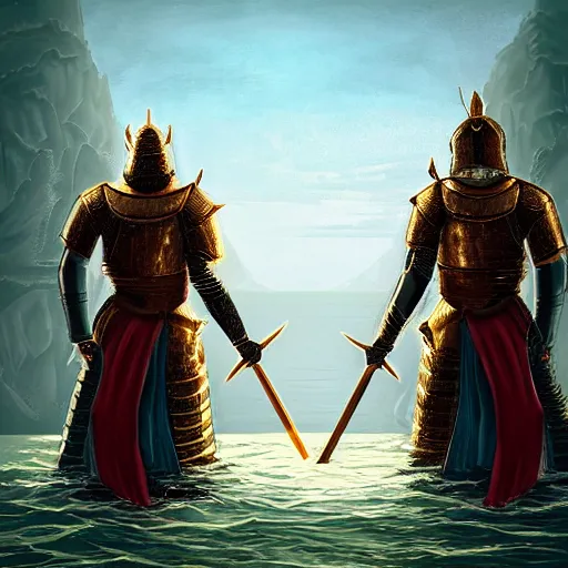 Prompt: Point of view of two knights from behind wearing golden armors, the 2 knights observe a dead dragon crushed in a lake in the distance, fantasy, medieval fantasy, digital art, 8k