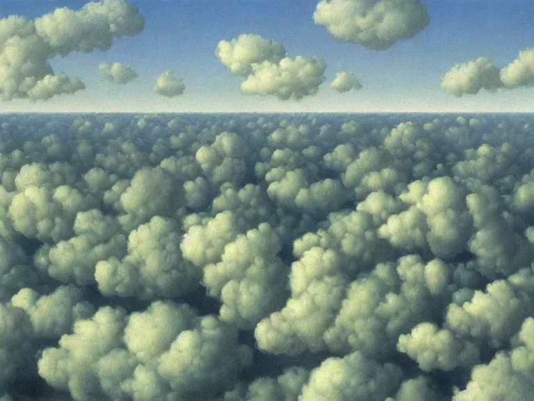 Prompt: city on clouds, painting by rene magritte, centered, high detail, high resolution