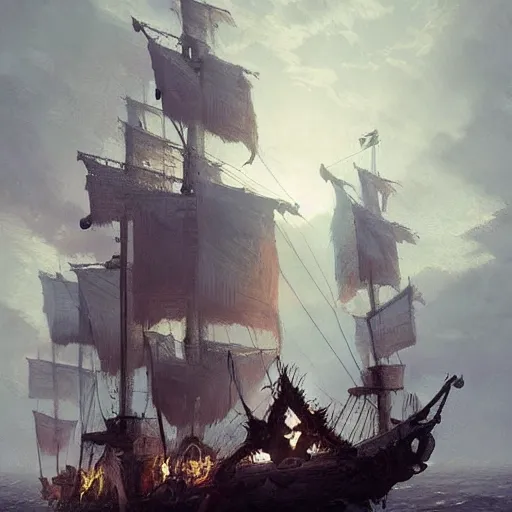 Image similar to detailed pirate ship made out of feathers by greg rutkowski, enigmatic atmosphere, beautiful and cinematic lighting, artstation hq.