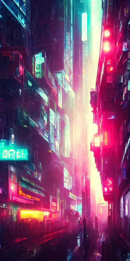 Prompt: hyper realistic cyberpunk cityscape,neon,rain,blade runner, looming surreal sky, stars,moon, cinematic lighting, detailed oil painting, 8k