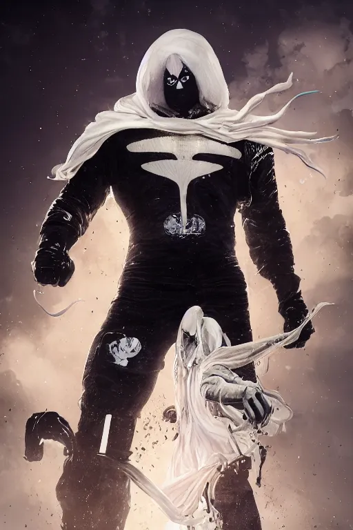 Image similar to hyperrealistic photography of Moon Knight mixed with Ghostrider style of Jin Kagetsu, patricia piccinini, James Jean and wlop, full-shot, merged character, 4k, highly detailed, cinematic lighting, photorealistic, 3d render, award winning render, unreal engine, masterpiece, octane render, sharp focus, studio lighting, 8k, hd