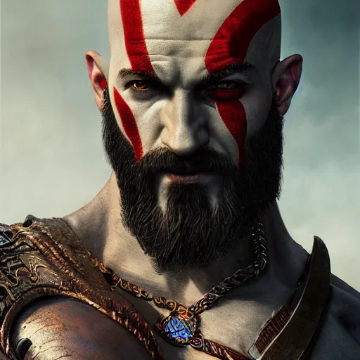 Image similar to portrait of kratos, intricate artwork, concept art, octane render, deviantart, cinematic, key art, hyperrealism, iridescent accents, portrait photograph, nikon 3 5 mm, photograph by greg rutkowski