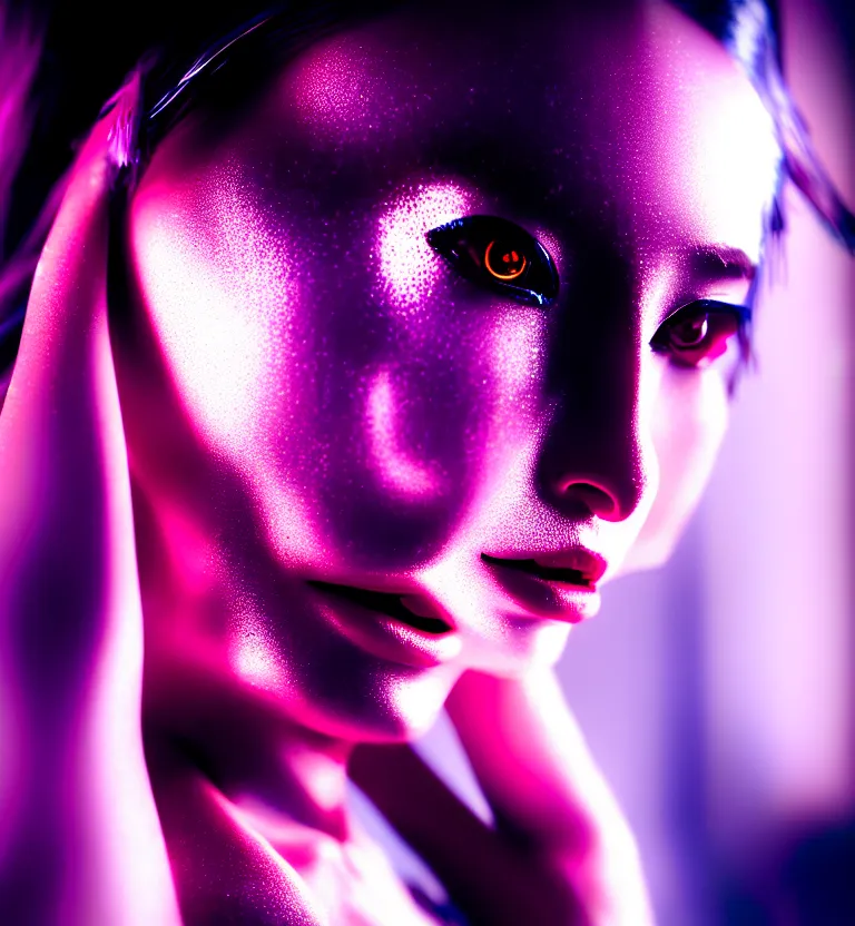 Image similar to a photo close up a cyberpunk female supermodel, shibuya prefecture, midnight, photorealistic, cinematic color, studio lighting, highly detailed, bokeh, style by tomino - sama