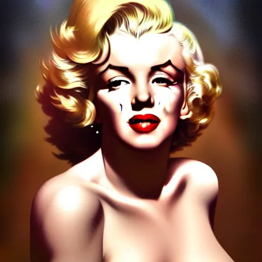 Image similar to head and shoulders Portrait of Marilyn Monroe, dark fantasy, medium shot, intricate, elegant, highly detailed, digital painting, volumetric light, artstation, concept art, smooth, sharp focus, illustration, art by Gil Elvgren and Greg Rutkowski and Alphonse Mucha