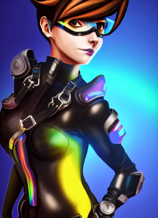 Image similar to full body digital artwork of tracer overwatch, wearing black iridescent rainbow latex, 4 k, expressive happy smug expression, makeup, in style of mark arian, wearing detailed black leather collar, wearing sleek armor, black leather harness, expressive detailed face and eyes,