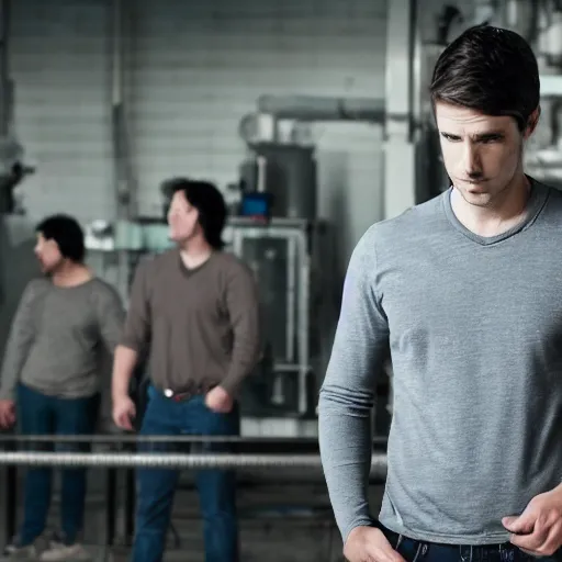 Image similar to a guy in a grey shirt with long sleeves and wearing dark blue jeans, dark black hair and no visible facial hair at all looking in the distance to see a factory plotting something ( highly detailed, and cinematic movie shot, greatly illustrated, photo - realistic, hyperrealistic image, 4 k, uhd, good quality still frame photo )