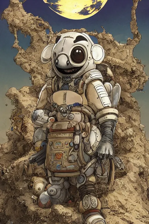 Image similar to anthropomorphic rodent with white and black ancestral ornate japanese tactical gear on an abandonment desert planet, high intricate details, long shot, rule of thirds, golden ratio, graphic novel by fiona staples and dustin nguyen, by beaststars and orange, peter elson, alan bean, studio ghibli, makoto shinkai