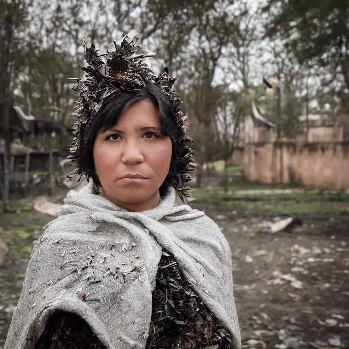 Image similar to a closeup portrait of a woman wearing a cloak made of birds, in an abandoned theme park, by omar z. robles, canon eos c 3 0 0, ƒ 1. 8, 3 5 mm, 8 k, medium - format print