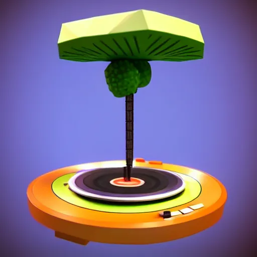 Image similar to a funny turntable with a needle on top of kiwi texture, a low poly render by blender guru, featured on polycount, computer art, sketchfab, rendered in maya, voxel art