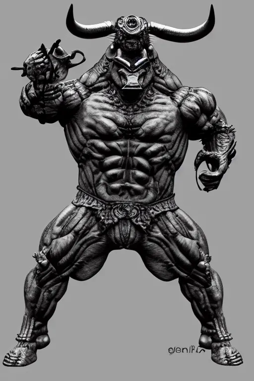 Prompt: bull humanoid figure, highly detailed, digital art, sharp focus, trending on art station, kentaro miura manga art style