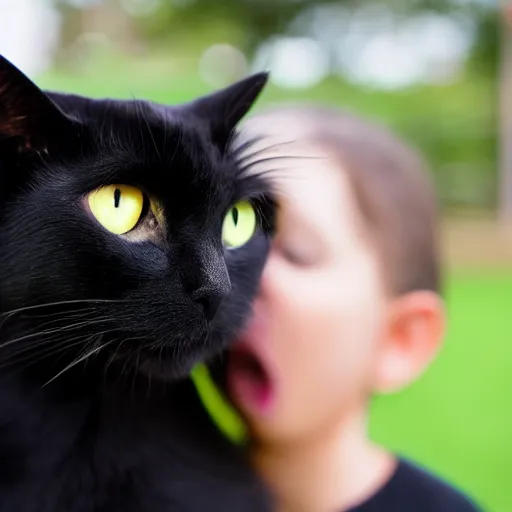 Prompt: a black cat standing on top of a child's face and licking them