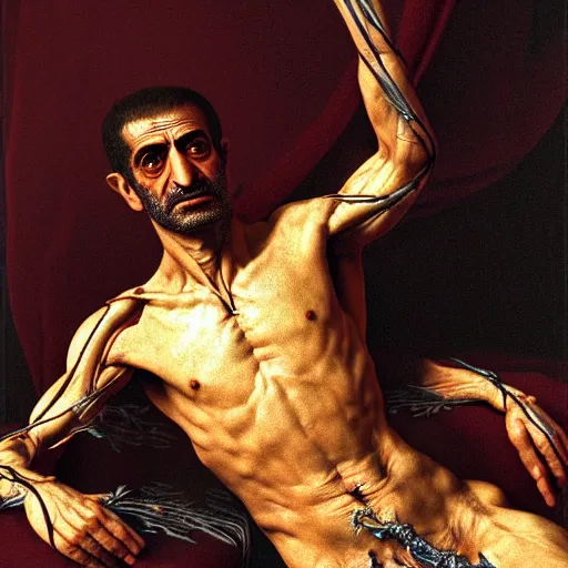 Prompt: The Shah of Iran with translucent skin, visible muscles and veins and arteries and bones and spine and nerves, beautiful detailed intricate insanely detailed octane render, 8K artistic photography, photorealistic, chiaroscuro, by David Cronenberg, Raphael, Caravaggio