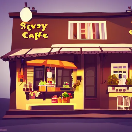 Image similar to beautiful cute cozy very little cafe on a cobblestone street, golden morning light, low poly, simple cartoon