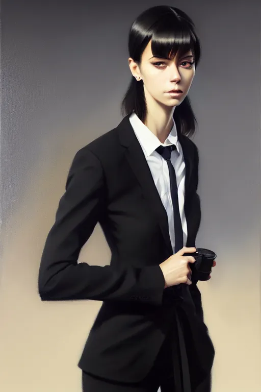 Image similar to a ultradetailed beautiful portrait panting of a stylish woman wearing a black loose fit suit with a tie, oil painting, by ilya kuvshinov, greg rutkowski and makoto shinkai, trending on artstation