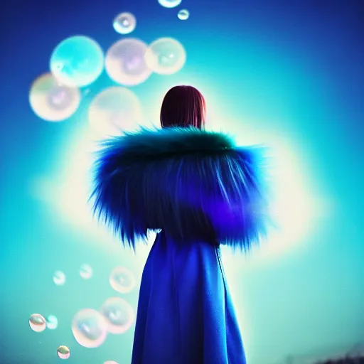 Prompt: blue sparks and bubbles flitting around a flying anime girl with long sky blue hair, low - angle shot from behind, blue coat, fur scarf, ultra fine detail, dark theme, realistic painting, photography, psychedelic, film still, cinematic, wlop, ilya kuvshinov, ismail inceoglu,