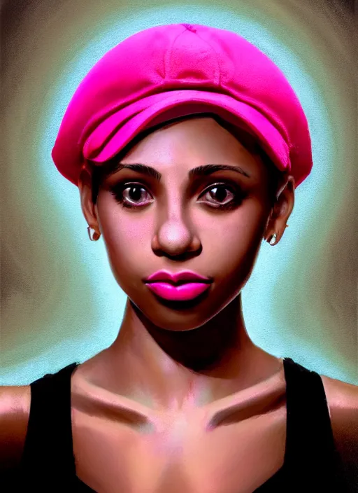 Image similar to portrait of teenage vanessa morgan with bright pink hair, black girl, vanessa morgan, curly pixie cut hair, wearing newsboy cap, newsboy cap, hoop earrings, intricate, elegant, glowing lights, highly detailed, digital painting, artstation, concept art, smooth, sharp focus, illustration, art by wlop, mars ravelo and greg rutkowski