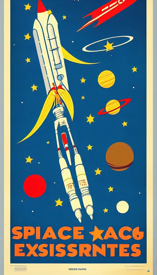 Image similar to retro propaganda poster for space exploration, rocket launching, stars and planets
