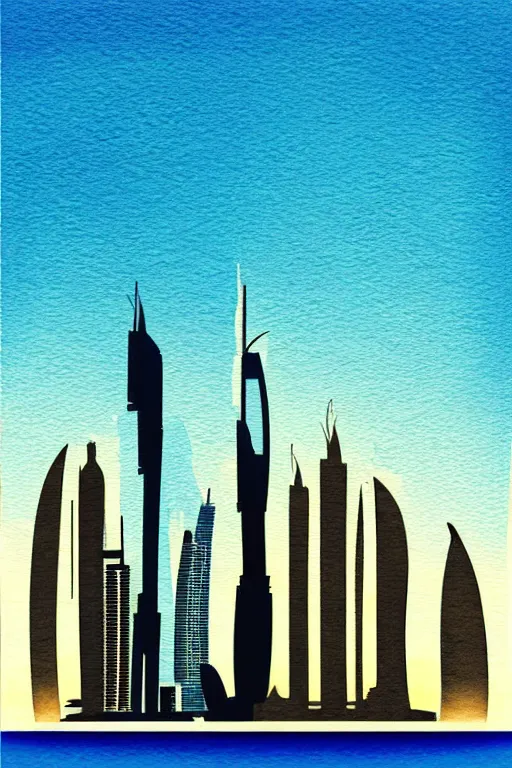 Image similar to minimalist watercolor art of dubai skyline at sunset, illustration, vector art