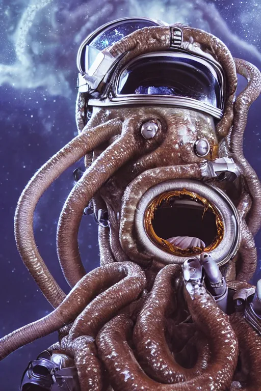 Image similar to extremely detailed studio portrait of space astronaut, alien tentacle protruding from eyes and mouth, slimy tentacle breaking through helmet visor, shattered visor, full body, soft light, disturbing, shocking realization, hyper detailed, award winning photo by eolo perfido