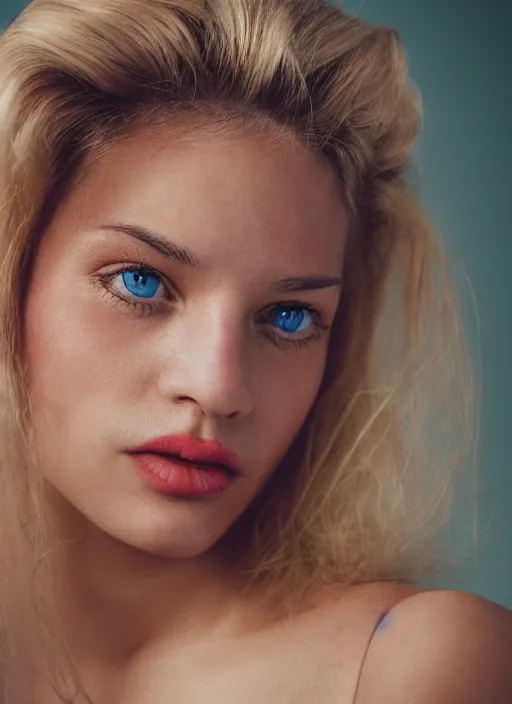 Prompt: kodak portra 400, photographic extreme close-up face of a beautiful woman with blond hair , photographed by Carlo Diamanti , high quality,complementary colors ,photo-realistic.