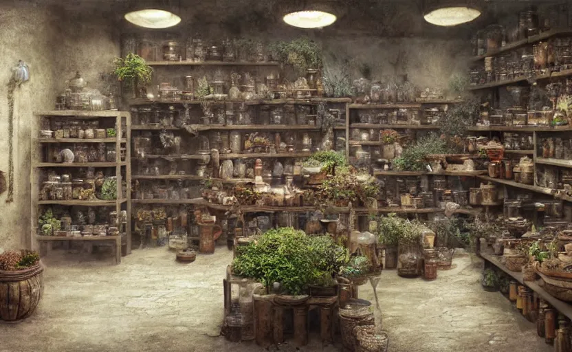 Prompt: an herbalist shop, adobe wall, simple wood shelves, lots of jars and boxes of herbs, dark fantasy matte painting in the style of ruan jia and craig mullins