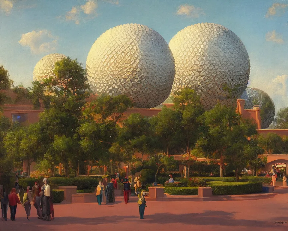 Image similar to an achingly beautiful oil painting of EPCOT by Raphael and Hopper.