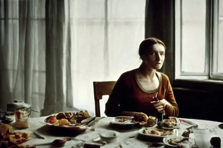 Image similar to soviet movie still a soviet woman sitting at a table next to the window with food, dark warm light, a character portrait by margarita terekhova, movie stalker solaris film still by andrei tarkovsky, 8 k, 1 9 8 4, close - up bokeh, gelios lens, color, noir