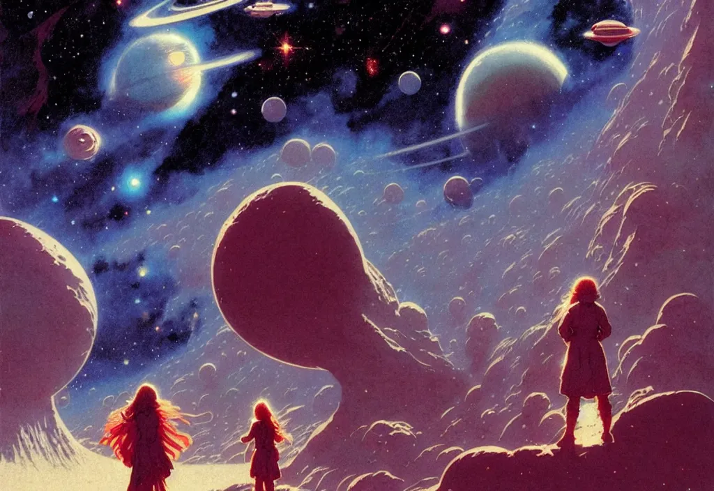 Image similar to illustrated by moebius and greg rutkowski, romantic!!! space scene!! with standing young girl!!!!, orbit of earth!, futuristic orbital station!!!!, nebulae!!, starry sky!!, rule of third!!!!, vintage cover of sci - fi magazine, cinematic!!