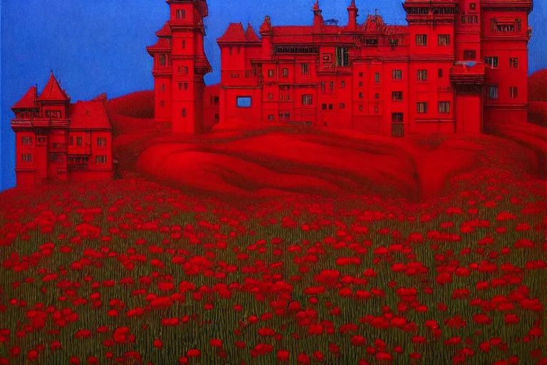 Image similar to only with red, red flowers of different types, red castle in background, red medieval big goblins, in the style of beksinski, parts by edward hopper, parts by rodcenko, parts by yue minjun, intricate and epic composition, red by caravaggio, insanely quality, highly detailed, masterpiece, red light, artstation, 4 k