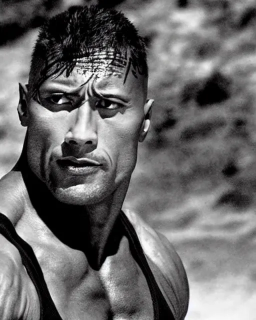 Image similar to film still close up shot of dwayne johnson in the movie mad max 2 the road warrior. photographic, photography