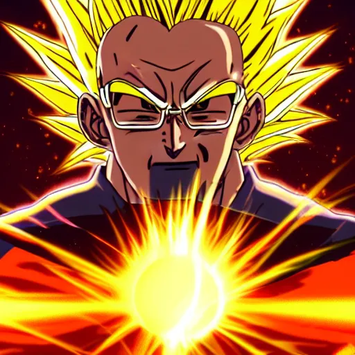 Prompt: portrait of Bernie Sanders from dragon ball z with glowing golden aura flying over a desert field, super saiyan 3, yellow spiky hair, high quality photo, 4k