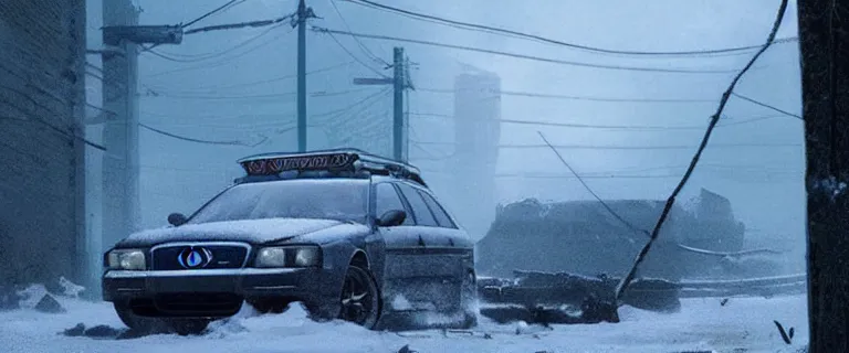 Image similar to Audi A4 B6 Avant (2002), a gritty neo-noir, dramatic lighting, cinematic, eerie person silhouette, death, homicide, homicide in the snow, gunshots, establishing shot, extremely high detail, photorealistic, cinematic lighting, artstation, by simon stalenhag, Max Payne (PC) (2001) winter New York at night, In the style of Max Payne 2 graphic novel, flashing lights, Poets of the Fall - Late Goodbye