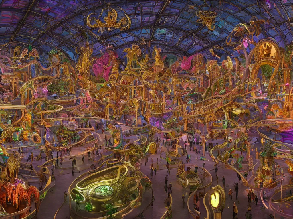 Image similar to interior of a busy elaborate ornate outdoor science museum, cinematic, shadows, 4 k, detailed, by zaha hadid and lisa frank and peter jackson and ridley scott and beeple and greg rutowski