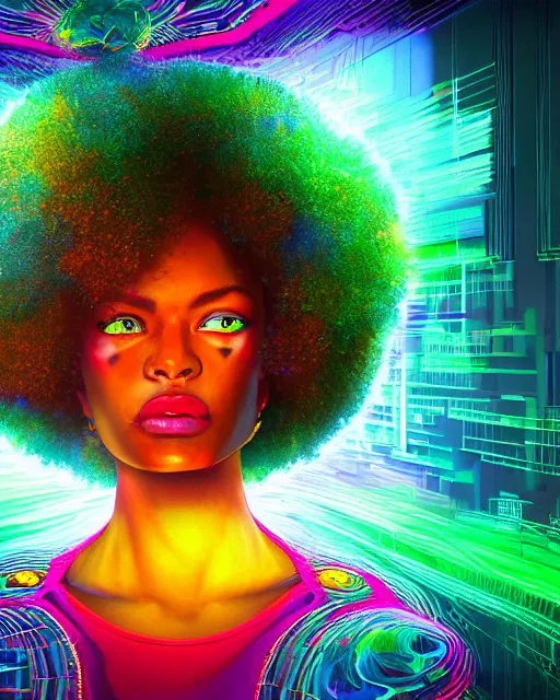 Prompt: a powerful energy psychedelic matrix afro american woman, by alexander fedosav, hyper detailed digital matte painting, concept art, hyperrealism, 1 6 k resolution, cinema 4 d, 8 k resolution, trending on artstation, behance hd, a masterpiece, by stephan martiniere, particles, cel - shaded, power bright neon energy, by david a. hardy