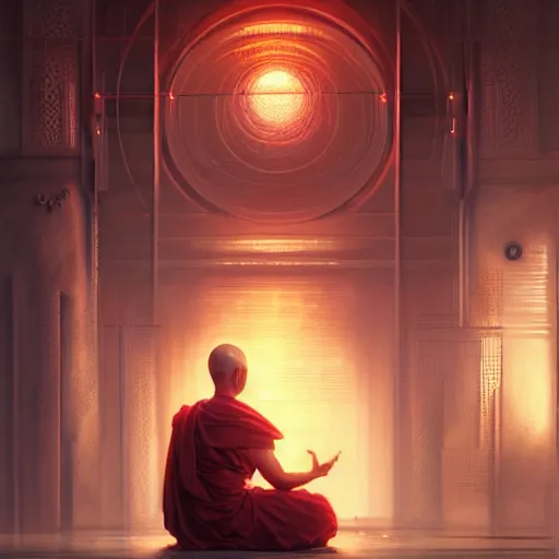 Prompt: ultra realistic illustration, buddhist monk meditating, cyberpunk, sci-fi, fantasy, intricate, elegant, highly detailed, digital painting, trending on artstation, sharp focus, illustration art in the style of artgerm, by greg rutkowski, by albrecht durer W 1024