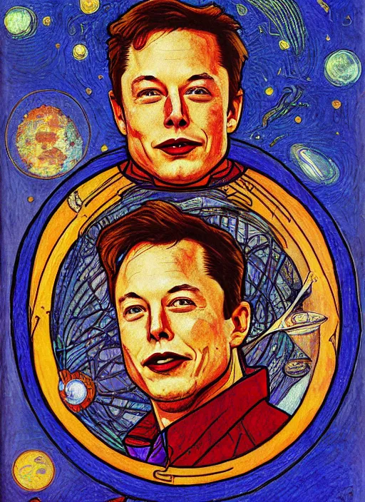 Image similar to ( ( ( portrait of elon musk ) ) ) by ivan bilibin, spacex, mars mission,