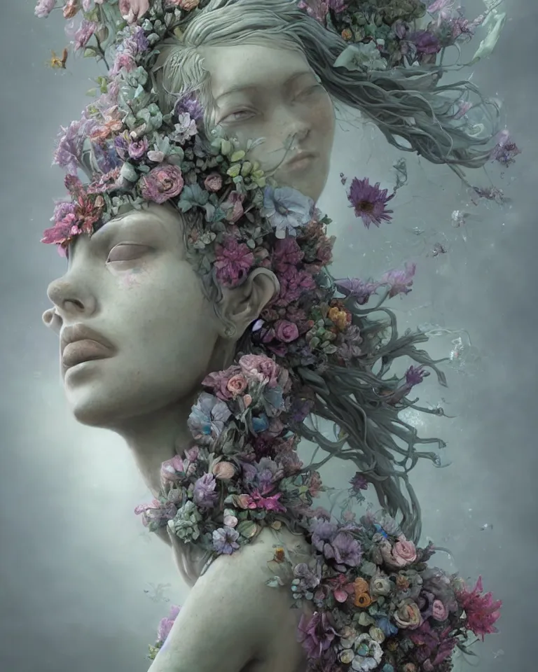 Prompt: front view of an beautiful ethereal female made of concrete and flowers turning into mist, Andrew Ferez, Charlie Bowater, Marco Mazzoni, Seb McKinnon, Ryohei Hase, trending on cgsociety, featured on zbrush central, new sculpture, mystical