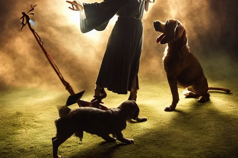 Image similar to puppy wizard casting a magic spell on an evil witch, majestic pose, dramatic lighting, cinematic scene