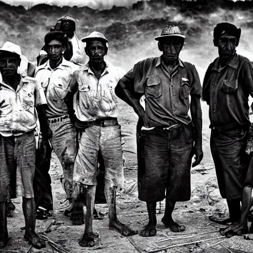 Prompt: black and white photo of Brasilian mineworkers by sebastiao salgado, realistic, Leica, medium format, cinematic lighting, parallax, high resolution,