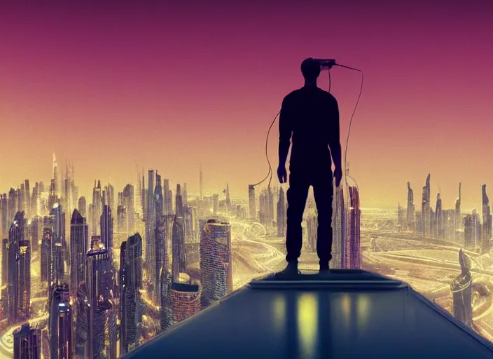 Image similar to closeup of a man [ standing on the pinnacle of the burj khalifa ]!!, holding a camera, viewing out into a [ futuristic cityscape ]!!, dusk atmosphere, digital art illustrated by max hay and greg rutkowski, [ 8 0 s neon art style ]!!, neon wallpaper!!, golden ratio!!, centered!!