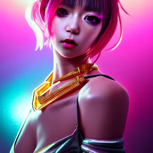 Image similar to hyperdetailed portrait of a stunningly beautiful pink cyberpunk cute girl made of metals and shiny iridescent gems, bright rainbow nimbus, gold necklace, smoke background inspired by ross tran and masamune shirow and kuvshinov, intricate, photorealistic, octane render, rtx, hdr, unreal engine, dnd digital art by artgerm