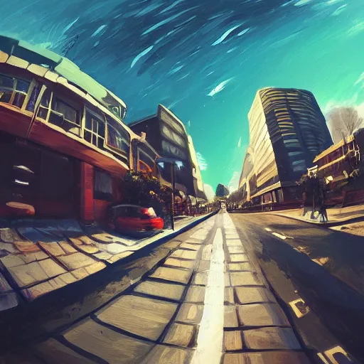 Prompt: street view, ( new ), trending on artstation, fisheye!!! lens