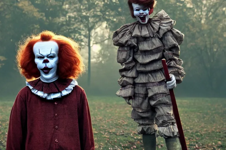 Image similar to film still of will poulter as pennywise. directed by cary joji fukanaga.