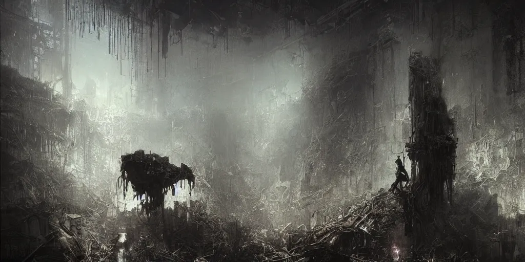 Image similar to lost and alone in an industrial wasteland by gustave dore and gustave moreau and beksinski and giger and craig mullins and jeremy mann