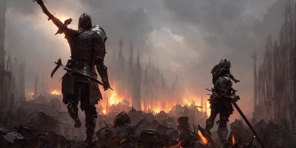 Image similar to a painting of a cinematic keyframe of a medieval knight warrior with his sword walking into a destroyed medieval town, with fire by greg rutkowski, rule of thirds, golden ratio, ambient lighting, wlop, artgerm, artstation, highly detailed masterpiece, dark fantasy art, high detail, trending on artstation